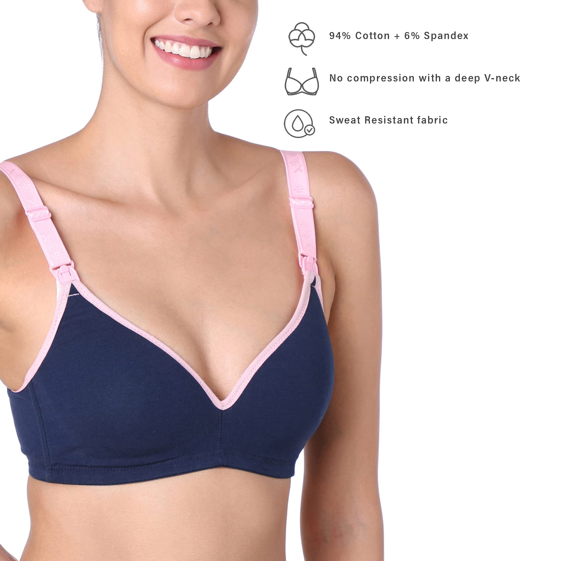 Women Nursing Bra | Maternity Breastfeeding Comfortable Bra | Lightly Padded Wire Free Bra | 94% Cotton, 6% Spandex